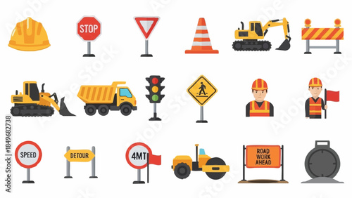 Construction site icons set roadwork signs heavy machinery.