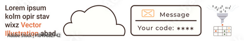 Data security, cloud storage, digital communication, OTP verification, cybersecurity, safe access. Visualizing a cloud, message icons OTP code and data flow process. Data security and cloud storage
