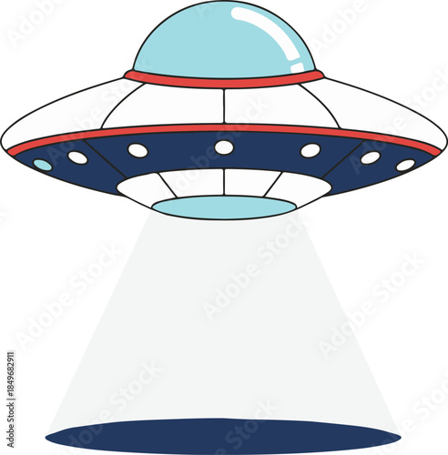 A hovering UFO with a glowing dome and downward beam, mysterious and sci-fi vector illustration

