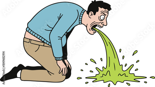 A cartoon man kneeling and vomiting bright green liquid, exaggerated and comedic vector illustration

