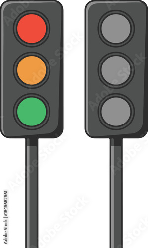 Two traffic lights — one active with red, yellow, green signals; one inactive — clean and symbolic vector illustration

