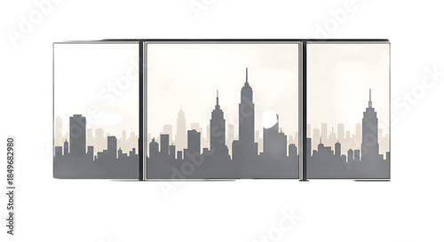Modern city skyline silhouette across a triptych canvas, evoking urban energy and architectural grandeur.