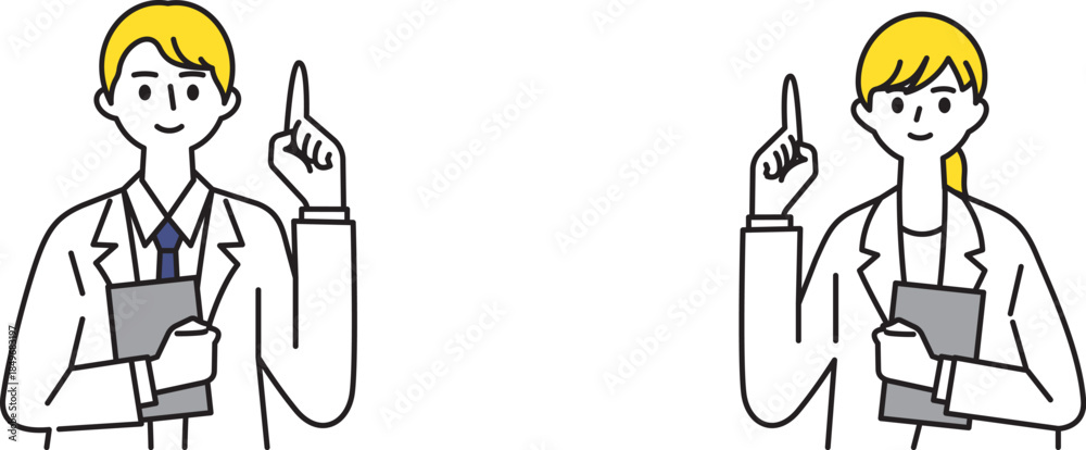 Fototapeta premium 白衣を着て人差し指をあげて説明する男女の医者のイラスト