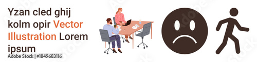Office teamwork, emotional health, workplace issues, collaboration, mental wellness, movement concepts. Team meeting at a table, sad face walking symbol. Communication and emotional health