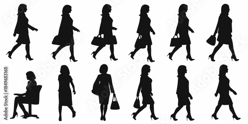 Silhouettes of women walking showcasing various poses and fashionable attire