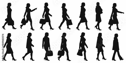 Silhouettes of women walking and carrying shopping bags in various poses