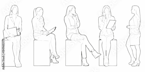 Line art illustration of five women in various poses and professional attire