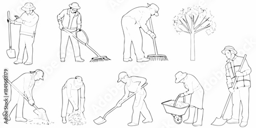 Line art illustration depicting people gardening and performing outdoor work