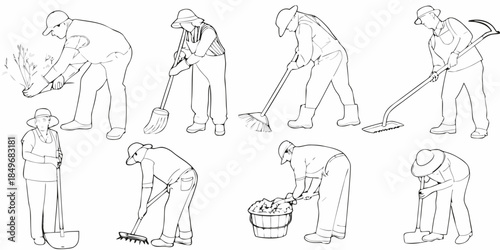 Line art illustration depicting several people engaged in outdoor labor tasks