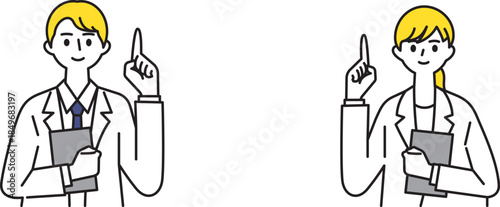白衣を着て人差し指をあげて説明する男女の医者のイラスト