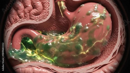 Detailed Medical Illustration of Human Stomach Digestion With Glowing Nutrients and Digestive Juices in Anatomical Cross-Section