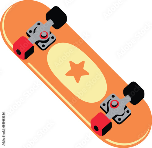 An orange skateboard with a star design, vibrant and playful vector illustration


