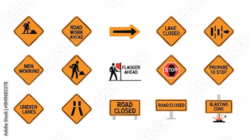 Road Closure Warning Signs Set.
