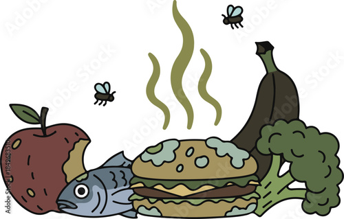 A pile of spoiled food with flies and stink lines, gross and warning vector illustration

