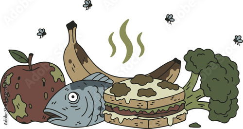 A pile of spoiled food with flies and stink lines, gross and warning vector illustration

