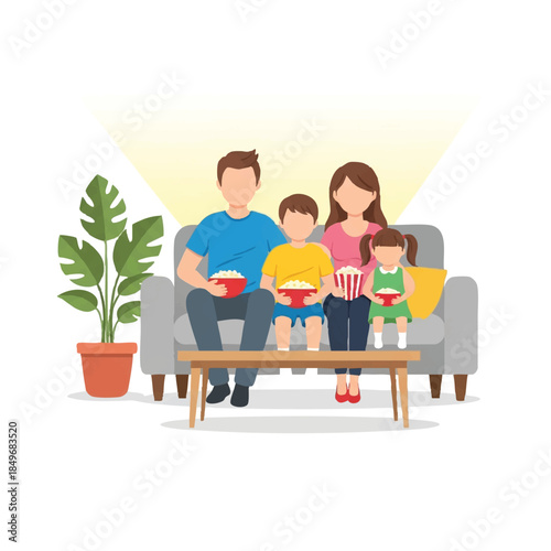 Illustration of a family of four sitting on a couch watching TV with a plant nearby in a cozy home setting with warm lighting.