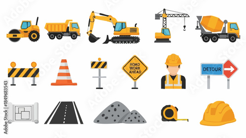 Construction equipment and signs set.