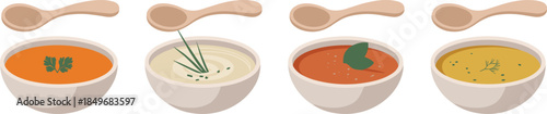 Four colorful bowls of soup with herbs and wooden spoons, top view, vibrant flavors, gourmet presentation, fresh ingredients, culinary style