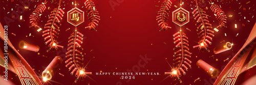 Happy Chinese New Year 2026 web header design featuring red hanging firecrackers, horseshoe and Ma character pendant. Vector illustration.