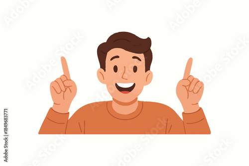 A person with short brown hair is smiling and pointing both hands upwards. He is wearing an orange long-sleeve shirt. The background is plain, focusing on the person. Vector flat illustration