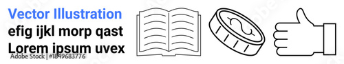 Education, finance management, approval, teaching, study materials, business success. Open book, coin stack thumbs up icon and placeholder text. Education and finance management
