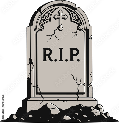 A weathered tombstone with “R.I.P.” and a cross, somber and classic vector illustration

