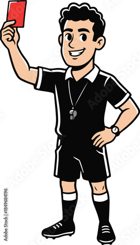 A smiling soccer referee holding a red card, authoritative and playful vector illustration

