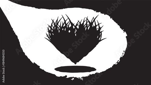 Black silhouette of heart shaped grass with water drop black and white nature