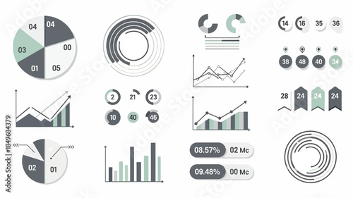 A collection of infographic stats vector set, including pie charts, bar graphs, and line graphs in a monochromatic color scheme on a white background. Perfect for presentations, reports,