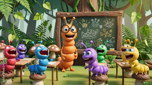 A colorful cartoon caterpillar teaches a classroom of insect students in a lush forest environment