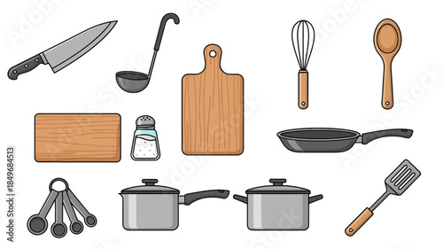 Modern Flat Kitchen Cooking Tools Icon Set