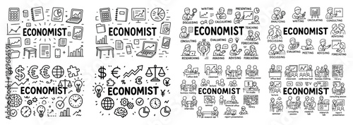 Economist doodle set with icons and activities