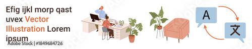 Business communication, coworking, remote work, language learning, translation, office design. Two people working at a desk, translation by speech bubbles. Business communication and coworking