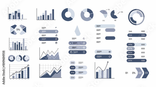 A vector set of infographic stats in a monochromatic blue color scheme, featuring various charts and graphs on a white background. Perfect for presentations, data analysis, and educational