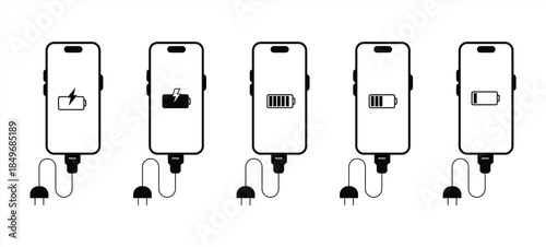 Icon set of a charging phone. Smartphone connection for charging. Smartphone charging. USB cable and phone. Vector illustration