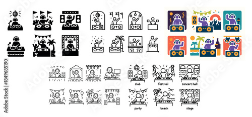 Colorful dj icons and line art set