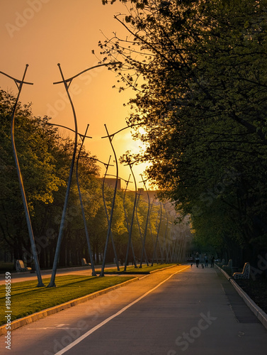 Empty road in park at sunset with warm golden light and trees lining the path.