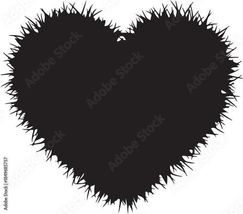 Black silhouette of a heart shape with spiky grass texture white