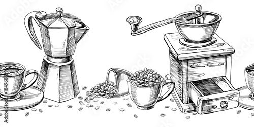 A seamless border featuring a retro coffee grinder, geyser coffee maker, and coffee beans. Vector illustration for cafe and restaurant interiors, menus, packaging, and product branding.
