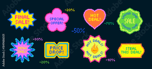 Pixel retro sale Y2K stickers set. Abstract vector icon elements in vaporwave acid style. Geometric 8bit frame shapes in pixel art style. Digital advertising techno bitmap symbols collection. Isolated