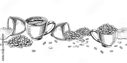 Seamless border with coffee cups and coffee beans. Vector illustration for cafe and restaurant interiors, menus, packaging, and product branding.