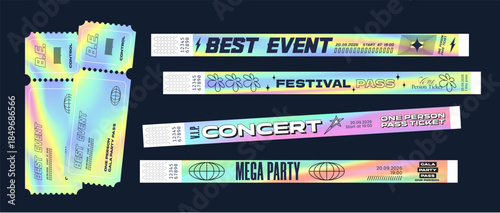 Festival Wrist Band Party Bracelet Mockups Set. Hologram Gradient Music Concert Event Wristband Bright Color Pass Templates. Vector Entry Stickers. Neon Style Access Arm Paper Admission Lanyards