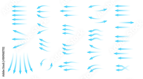 Air flow arrows vector icon set with blue cold wind streams, fresh water direction, and filter or air conditioner system infographic elements, transparent motion and rotation symbols.