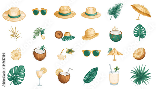 Tropical summer icons collection with straw hats, coconuts, sunglasses, palm leaves, and refreshing drinks