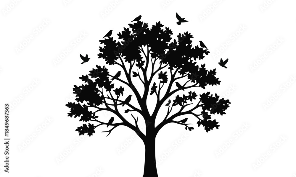 Obraz premium Black silhouette tree with flying birds illustration