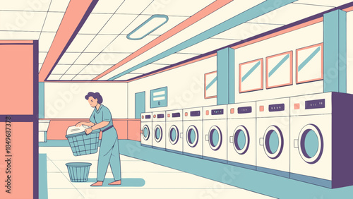 A person doing laundry by placing clothes into a washing machine in a colorful laundromat