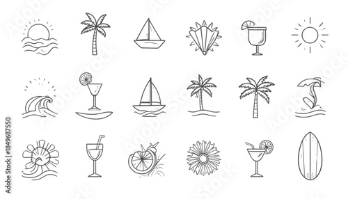 Minimal beach and summer vacation line icons set featuring palm trees, surfboards, cocktails, sun, waves, and seaside activities