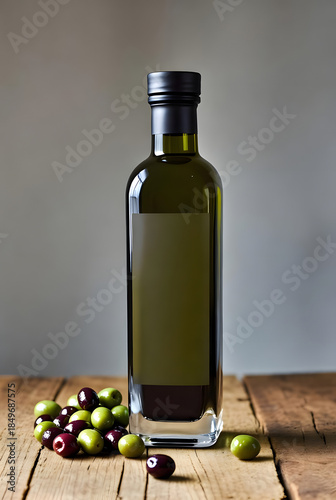 bottle of olive oil and olives healthy food concept