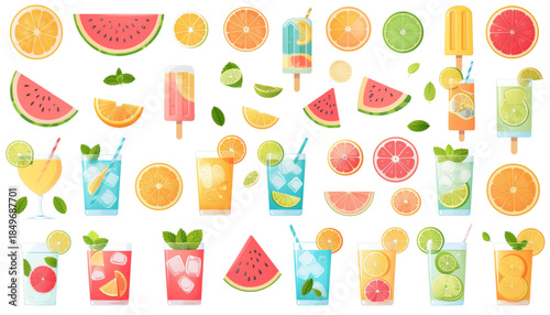 Bright flat illustrations of fresh fruits, juices, popsicles, and refreshing summer drinks