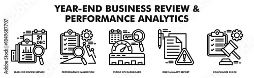 year end business review and performance analytics banner web vector illustration with icons of year end review service, performance evaluation, yearly kpi dashboard, risk summary report, compliance